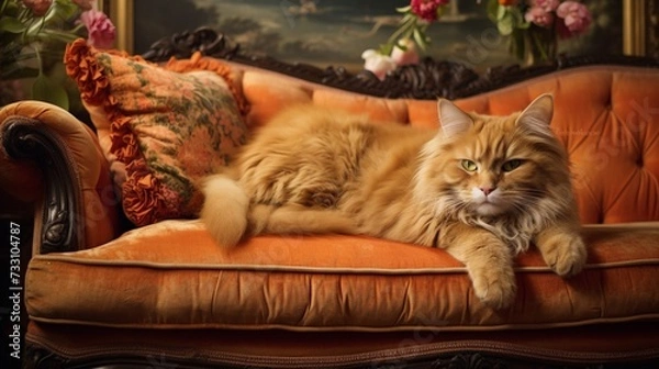 Fototapeta The splendid image of a ginger cat reclining with sophistication on a well-appointed couch.