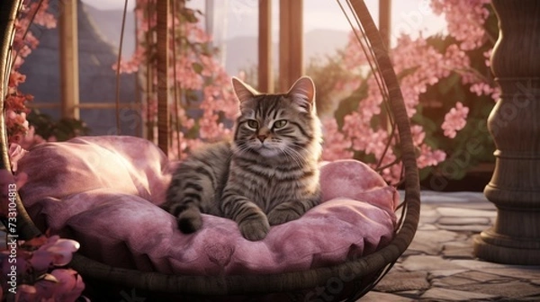 Fototapeta Tranquil cat enjoying a cushioned haven.