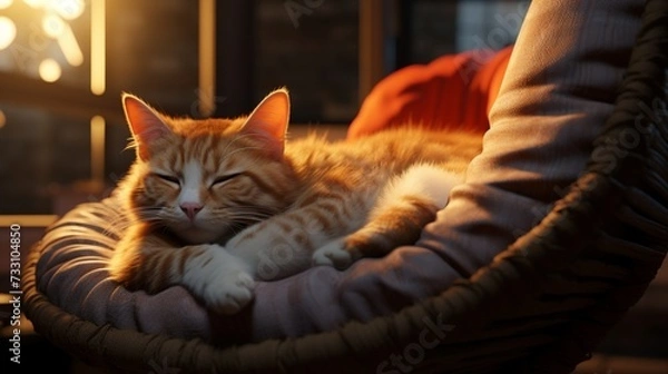 Fototapeta Tranquil cat enjoying a cushioned haven.