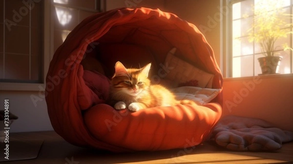 Fototapeta Tranquil cat enjoying a cushioned haven.