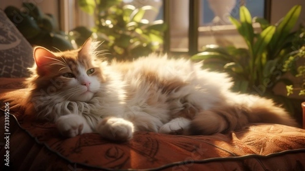 Fototapeta Tranquil cat enjoying a cushioned haven.