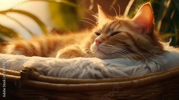 Fototapeta Tranquil scene of a cat resting on a soft pad.