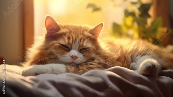 Fototapeta Tranquil scene of a cat resting on a soft pad.