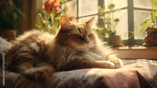Fototapeta Tranquil scene of a cat resting on a soft pad.