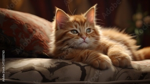 Fototapeta Unperturbed kitty lounging on a plush surface.