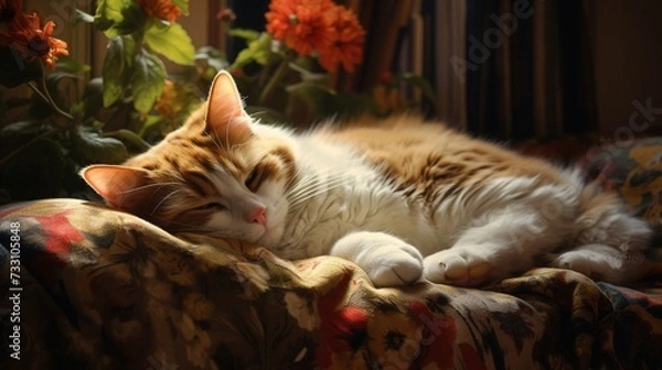 Fototapeta Untroubled cat lounging on a cozy cushion.