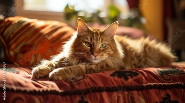 Fototapeta Untroubled cat lounging on a cozy cushion.