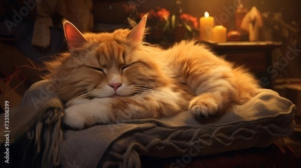 Fototapeta Untroubled cat lounging on a cozy cushion.