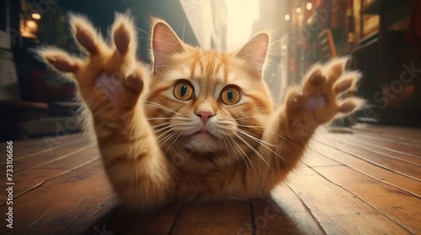 Fototapeta Warm and fuzzy cat reaching out towards the camera lens, radiating an inviting atmosphere.