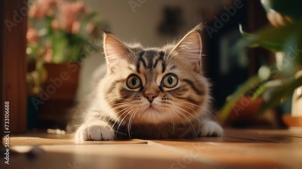 Fototapeta Whimsical cat exploring its surroundings, captured mid-reach towards the lens in a warm household.