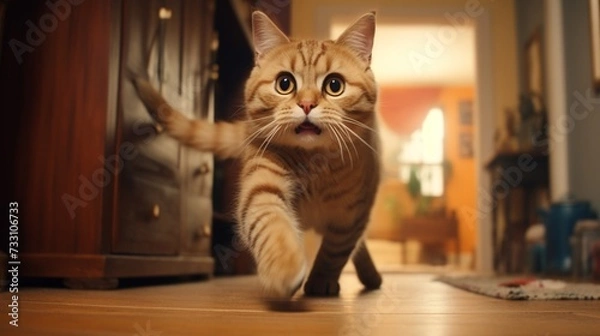 Fototapeta Whimsical cat exploring its surroundings, captured mid-reach towards the lens in a warm household.