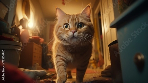 Fototapeta Whimsical cat exploring its surroundings, captured mid-reach towards the lens in a warm household.