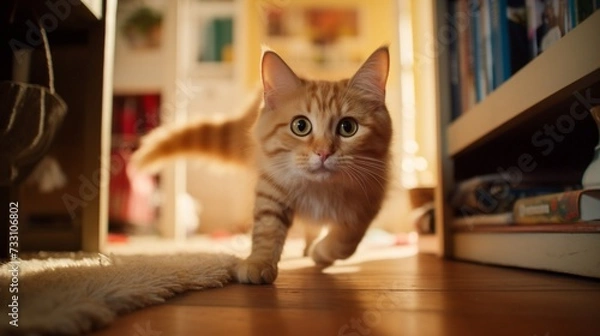 Fototapeta Whimsical cat exploring its surroundings, captured mid-reach towards the lens in a warm household.