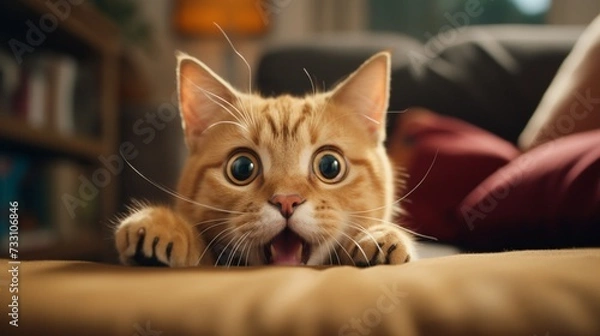 Fototapeta Whiskered companion reaching out to the camera lens, expressing curiosity in a comfortable home setting.