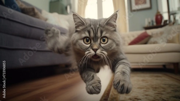 Fototapeta Whiskered companion reaching out to the camera lens, expressing curiosity in a comfortable home setting.