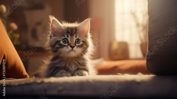 Fototapeta Whiskered friend creating an endearing scene by reaching out to the lens in the comforting space of home.