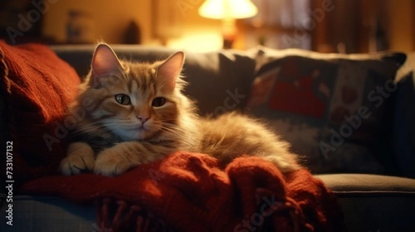 Fototapeta Whiskered friend creating an endearing scene by reaching out to the lens in the comforting space of home.