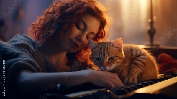 Fototapeta With a soft melody playing in the background, a young woman and her cat create a harmonious moment, their connection a silent duet of love.