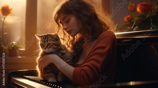 Fototapeta With a soft melody playing in the background, a young woman and her cat create a harmonious moment, their connection a silent duet of love.