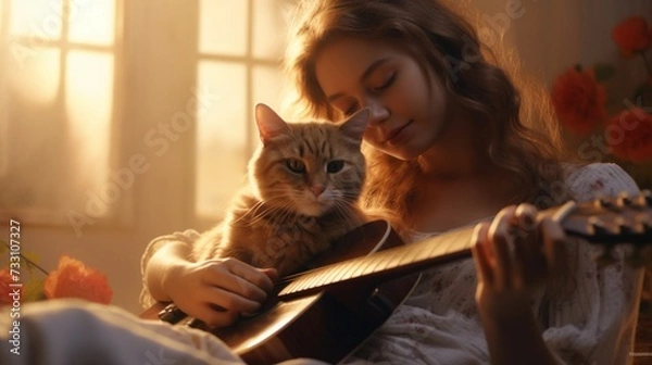 Fototapeta With a soft melody playing in the background, a young woman and her cat create a harmonious moment, their connection a silent duet of love.