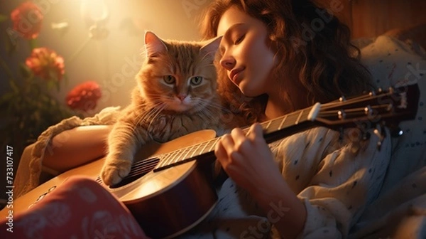Fototapeta With a soft melody playing in the background, a young woman and her cat create a harmonious moment, their connection a silent duet of love.