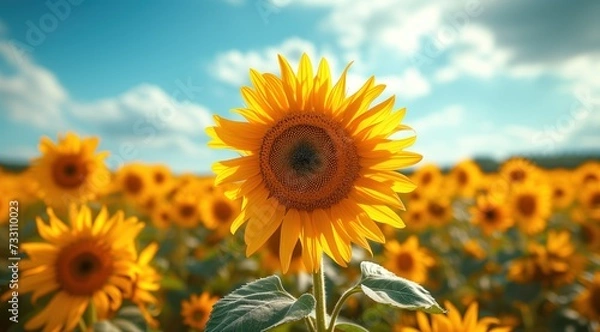 Fototapeta Golden sunflower on field and blue sky stock photo