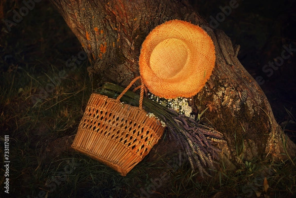 Obraz Straw hat, bag and lavender.