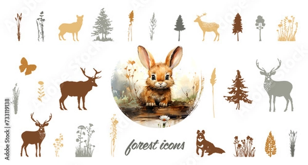 Fototapeta Forest icons. Various forest animals drawn in detail. Colorful animal and plant silhouettes isolated on a white background.