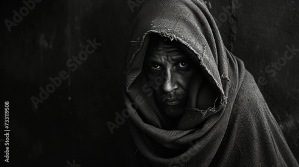 Fototapeta poverty homeless man huddled in a dark alley wrapped in blanket pain of rejection and abandonment