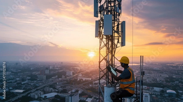 Fototapeta Helmeted male engineer works in the field with a telecommunication tower that controls cellular electrical installations to inspect and maintain 5G networks installed on high-rise buildings