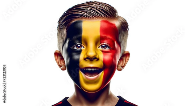 Fototapeta child boy soccer fun portrait with painted face of belgian flag isolated on transparent background