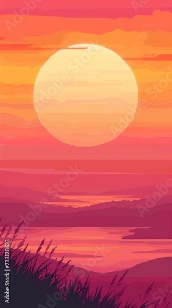 Fototapeta The sun is setting over the ocean with waves, abstract wallpaper background in pink and purple. Soft Minimalist Backdrops for smartphones. Quiet Backgrounds. Great for versatile social media content.