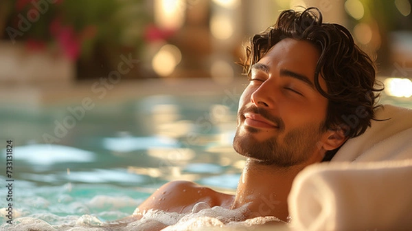 Fototapeta man relaxing in the pool in the spa centre