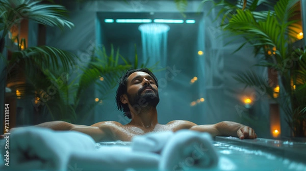Fototapeta man relaxing in the pool in the spa centre