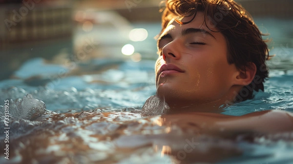Fototapeta man relaxing in the pool in the spa centre and wellness