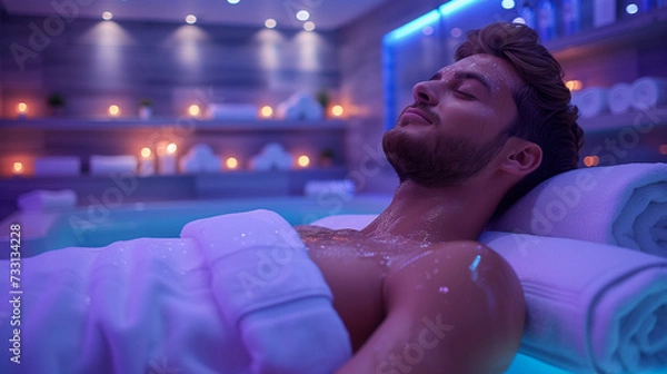 Fototapeta man relaxing in the pool in the spa centre wellness