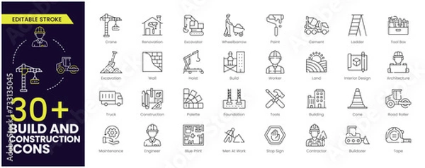 Obraz Build and construction stroke icon set. Containing crane, building, land, excavator, maintenance, contractor, worker, architecture and more. Editable outline icons vector collection.