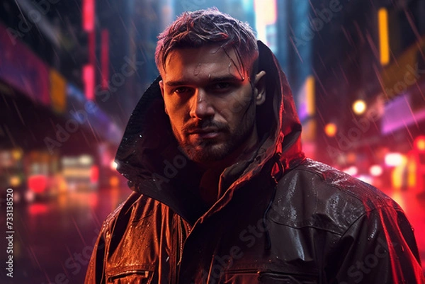 Fototapeta A man in futuristic city gangster look in a cyberpunk neon painting. generated by AI.