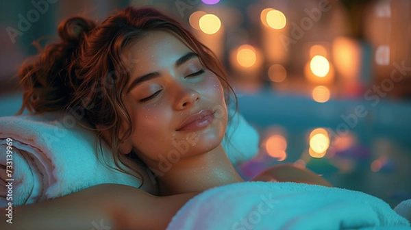 Fototapeta woman relaxing in the pool in the spa center
