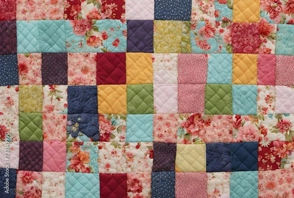 Fototapeta Quilting Patchwork Floral Fabric Squares. Colorful quilt sample with stitched fabric quarters for background.