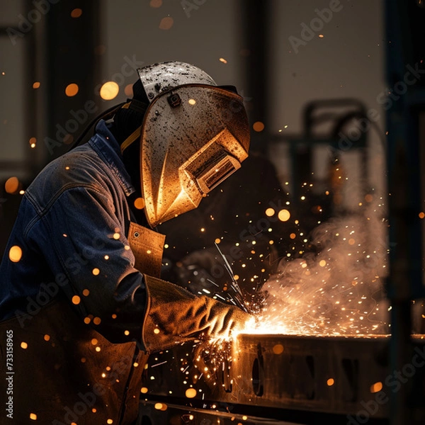Fototapeta Welder in a workshop welds metal together