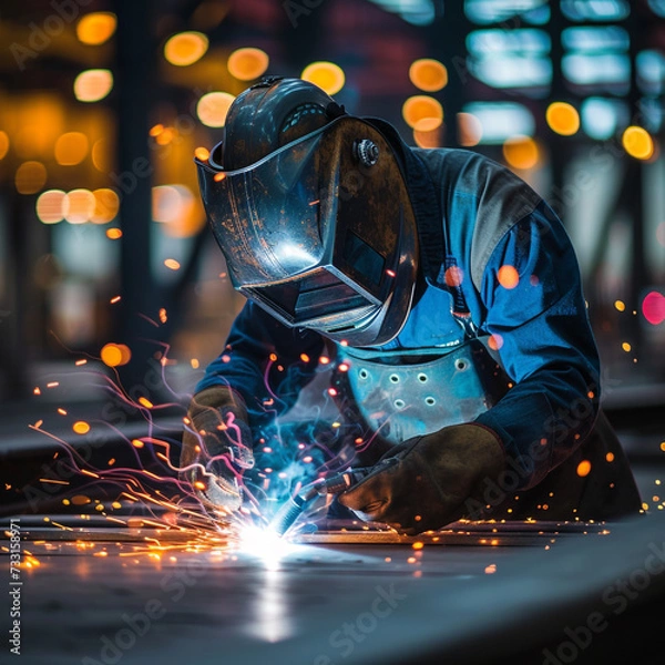Fototapeta Welder in a workshop welds metal together