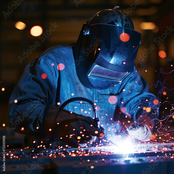 Fototapeta Welder in a workshop welds metal together