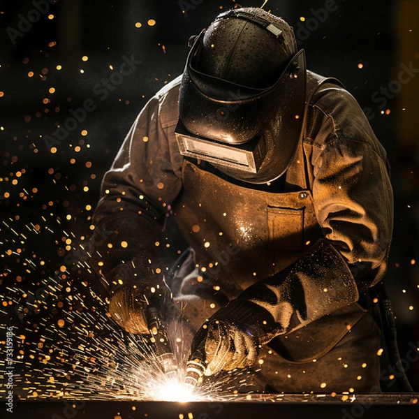 Fototapeta Welder in a workshop welds metal together