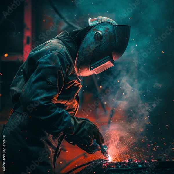 Fototapeta Welder in a workshop welds metal together
