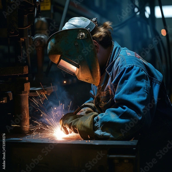 Fototapeta Welder in a workshop welds metal together