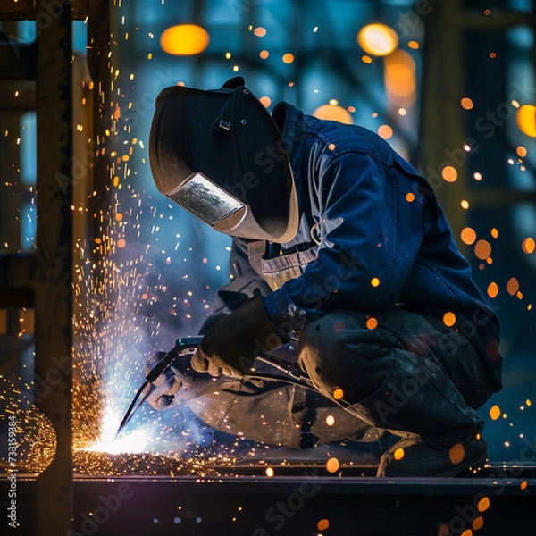Fototapeta Welder in a workshop welds metal together