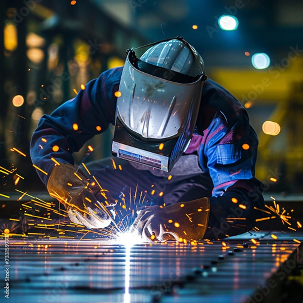 Fototapeta Welder in a workshop welds metal together