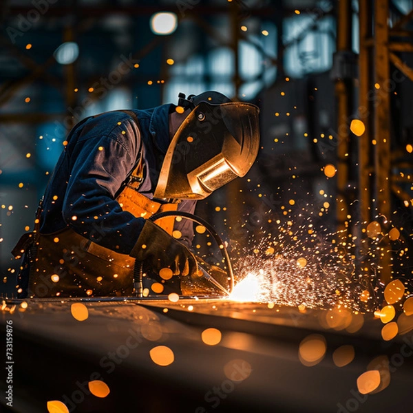 Fototapeta Welder in a workshop welds metal together
