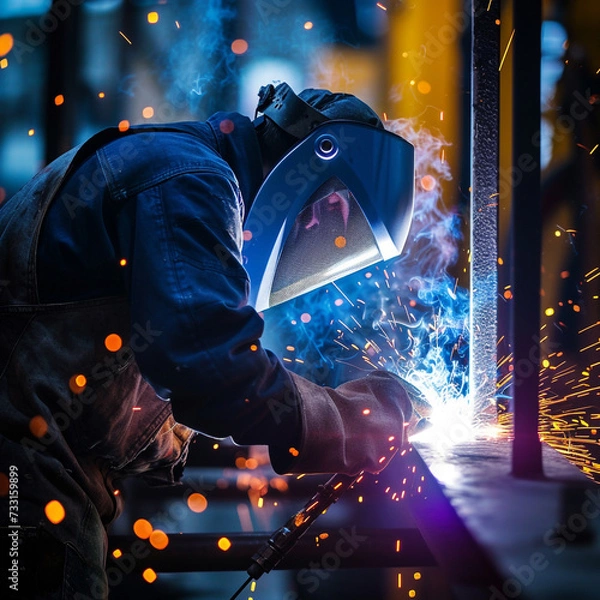 Fototapeta Welder in a workshop welds metal together